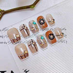 Dulce Cuadros Lazo Uñas Postizas a Presión Ojo de Gato Strass Uñas Postizas Ataúd Corto Uñas Postizas Kit para Mujeres Elegante Diario Manicura