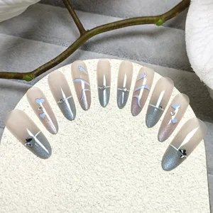 Chic degradado azul rosa ojo de gato uñas postizas largas ovaladas con pedrería