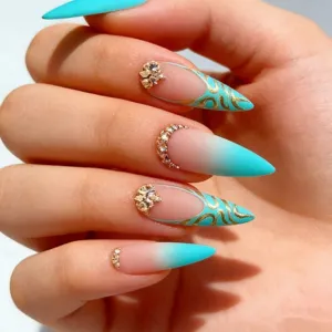 Uñas Postizas Larga Almendra Brillo Degradado Azul Oro Diamantes de Imitación Uñas Acrílicas Cobertura Completa Decoración Manicura Mujeres