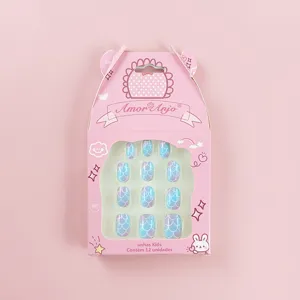 Uñas postizas adhesivas para niños caja rosa patrón de escamas de sirena 12 piezas manicura