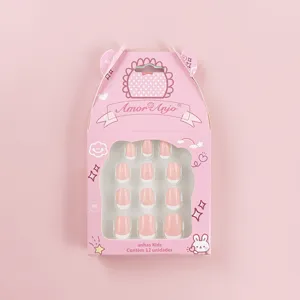 Uñas postizas para niños bonito conjunto rosa con 12 piezas diseño corto para uso diario