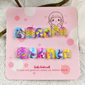 Uñas Postizas Niñas Sirena 12 Pcs Bonito Dibujo Animado Set de Uñas para Chicas