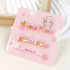 Uñas postizas lindas para niños 12 pcs rosa conejo de dibujos animados zanahoria