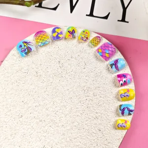 Niños uñas postizas coloridas bonitas sirena cuento de hadas pegatinas de uñas 12pcs