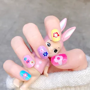 Lindas uñas postizas para niños pegatinas de arte de uñas florales coloridas rosa azul uñas