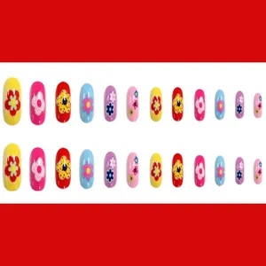 Niños presionan en las uñas lindo colorido flor diseño artificial falso conjunto de uñas para niños