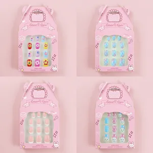 Uñas Postizas a Presión Infantiles Lindo Dibujos Animados Conejo Rosa Azul Corto Cuadrado Redondo Uñas Artificiales Para Niños