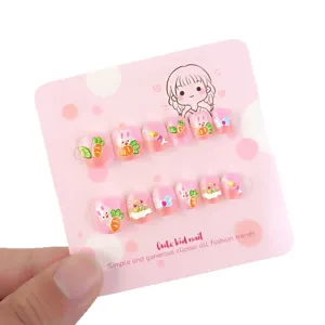 Cute kids press-on fake nails sweet pink rabbit carrot design safe easy use girl nail art