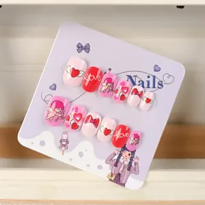 Uñas postizas para niños corazón rosa bonito 12 piezas set de uñas postizas niñas.
