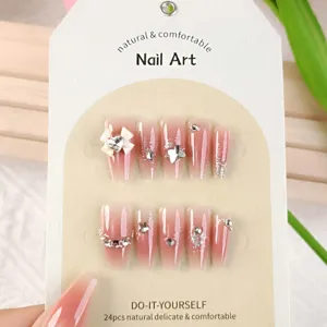 24 stuks neppe nagels verloop roze strik strass lang doodskist nail art set dagelijks