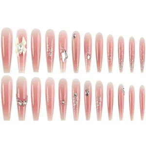 24 Stuks Roze Ombre Nep Nagels met Strikjes Sterren en Strass Steentjes voor Manicure