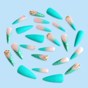 Uñas postizas almendradas largas 24 pcs azul oro estrás set de uñas postizas chic