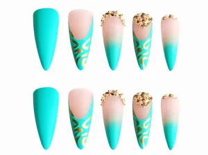 Uñas postizas almendradas largas azul oro diamantes set uñas press on listas 24 pz