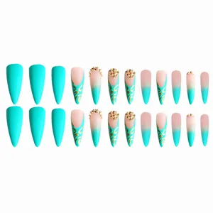 Uñas postizas largas almendradas diamantes de imitación azul oro juego de 24 piezas.