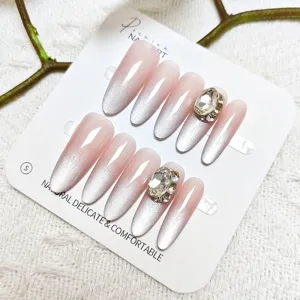 Uñas postizas degradadas rosa nude cat eye uñas postizas largas ovaladas con pedrería