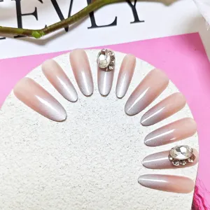 Uñas postizas largo ovalado rosa nude degradado ojo de gato uñas postizas con pedrería 10 pz