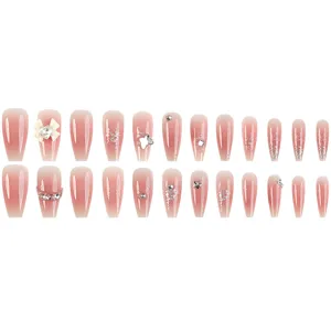 24st gradient roze press-on nagels lange kist nep nagel set met strik en strass steentjes
