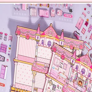 Cute pink castle DIY sticker book set for creative journaling, dreamy furniture decor materials.