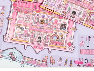 Detailed shot of pink castle DIY sticker book, cute decoration materials for daily planners.