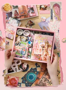 Set regalo per diario in stile retro con adesivi decorativi, nastro washi e taccuini.