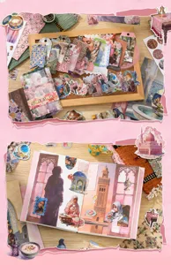Dettaglio di adesivi per diario vintage e blocchetto per appunti con cancelleria decorativa.