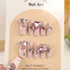 Unghie fatte a mano unghie finte ballerina lunghe con strass rosa e fiocchi delicati