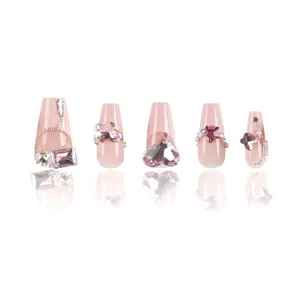 Unghie finte fatte a mano ballerina lunga rosa cristallo strass unghie set 10 pezzi