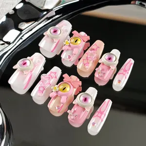 Set unghie finte fatte a mano, 10pz unghie finte rosa stile dopamina con occhi di mostro 3D.