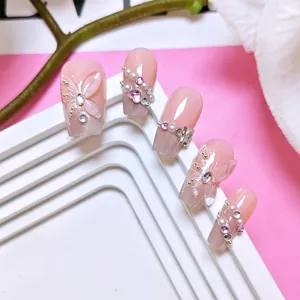 Uñas postizas hechas a mano con pedrería de mariposa 3D, estilo hada dulce efecto ojo de gato chic.