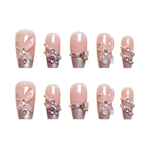 Uñas postizas ojo de gato rosa con mariposa 3D perlas estrás set de manicura hecho a mano