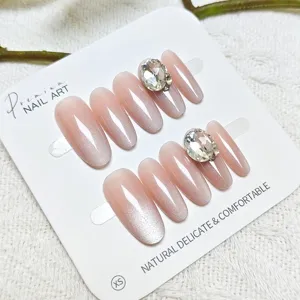 Uñas A Presión Ojo De Gato Rosa Nude Elegantes Degradado Ovalado Con Strass Uñas Postizas Para Mujer Manicura Diaria Decorativa