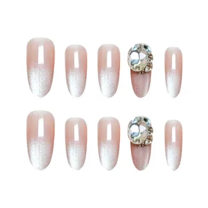 Uñas postizas 10pzas nude rosa degradado ojo de gato pedrería set de uñas ovaladas
