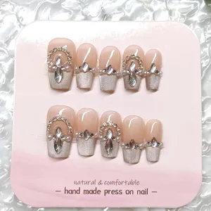Uñas postizas hechas a mano con ojo de gato, pedrería y purpurina, 10 pzas.