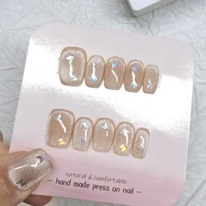 10pcs uñas postizas hechas a mano corto cat eye arte de uñas con decoracion mariposa laser chic
