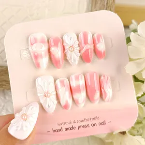 Uñas postizas hechas a mano 10pzas degradado rosa ombré flores 3D perlas set de manicura chic