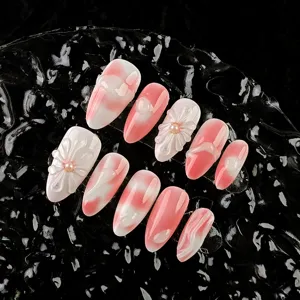 10 uñas postizas degradadas con flores 3D y perles, manicura press-on artesanal elegante y chic.