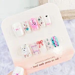 Uñas postizas hechas a mano con lazo de oso 3D rosa brillo bonitas puntas de arte de uñas.
