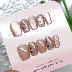 Handmade press on nail short square glitter cat eye false nail tips detail display.