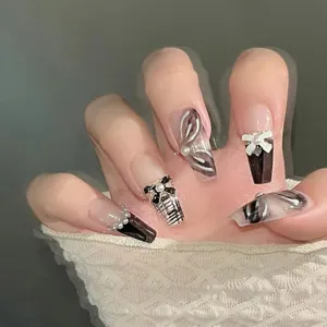 Uñas Postizas a Presión Hechas a Mano Estilo Francés Lazo Brillo Strass Perla Artificial 3D Uñas Postizas para Mujer Diario Fiesta Decoración de Uñas