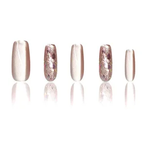 Short trapezoid press-on nails with cat eye and glitter effects, handmade false nail art tips.