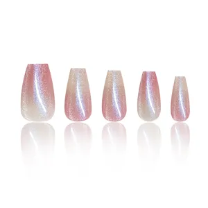 Uñas postizas hechas a mano efecto ojo de gato de cristal, set de uñas degradado rosa.