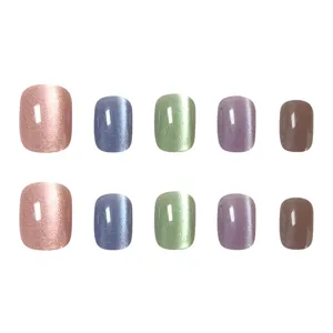 10 piezas uñas postizas ojo de gato cortas redondas coloridas diseño manicura