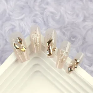 Uñas postizas hechas a mano trapecio champán oro purpurina diamante lazo set 10pz