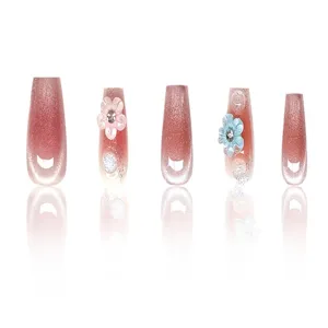 Uñas postizas cat eye hechas a mano corto rosa difuminado blush uñas postizas con flores