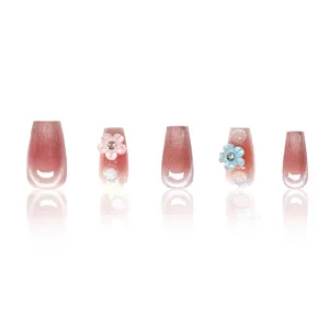 Uñas postizas hechas a mano efecto ojo de gato rosa degradado con flores 3D para uso diario.