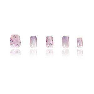 Hermosas uñas postizas cuadradas cortas ojo de gato morado degradado gel set 10 pzs