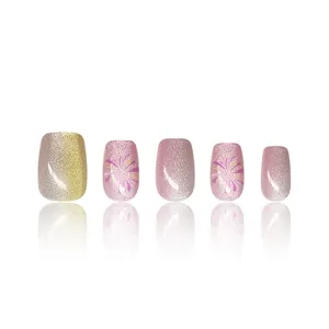 Set de uñas postizas hechas a mano con efecto ojo de gato, uñas postizas rosas y doradas elegantes.