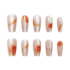 Uñas postizas hechas a mano con ojo de gato y rosas, 10 piezas vista detallada.