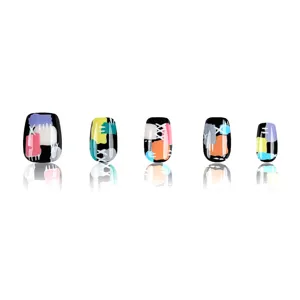 Uñas postizas bonitas diseño patchwork colorido set de uñas cortas cuadradas press on mujer