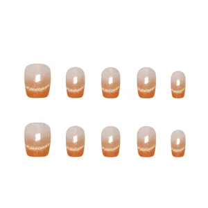 Uñas postizas hechas a mano con impresionante degradado cat-eye, elegante tono naranja, set de 10 pz.